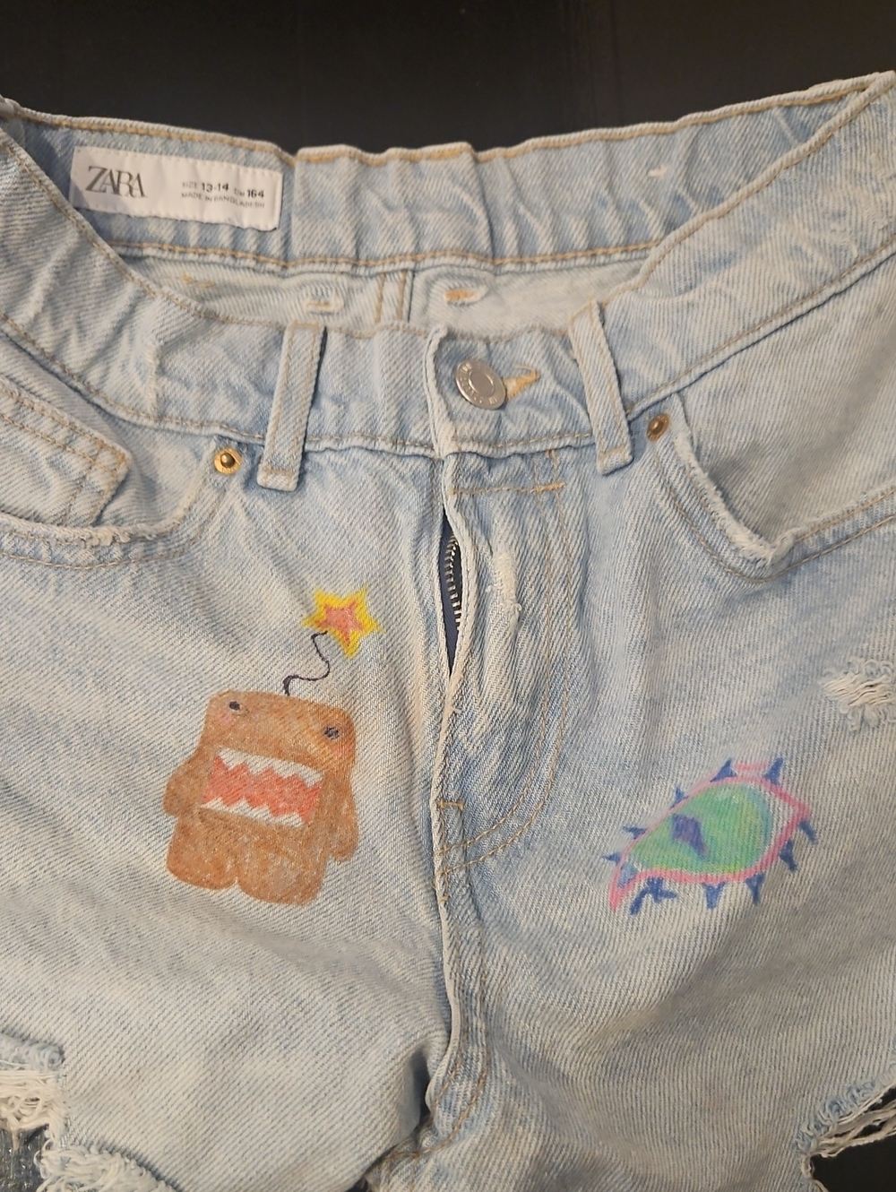 Zara Light Wash Denim Shorts with Monster & Planet Motifs